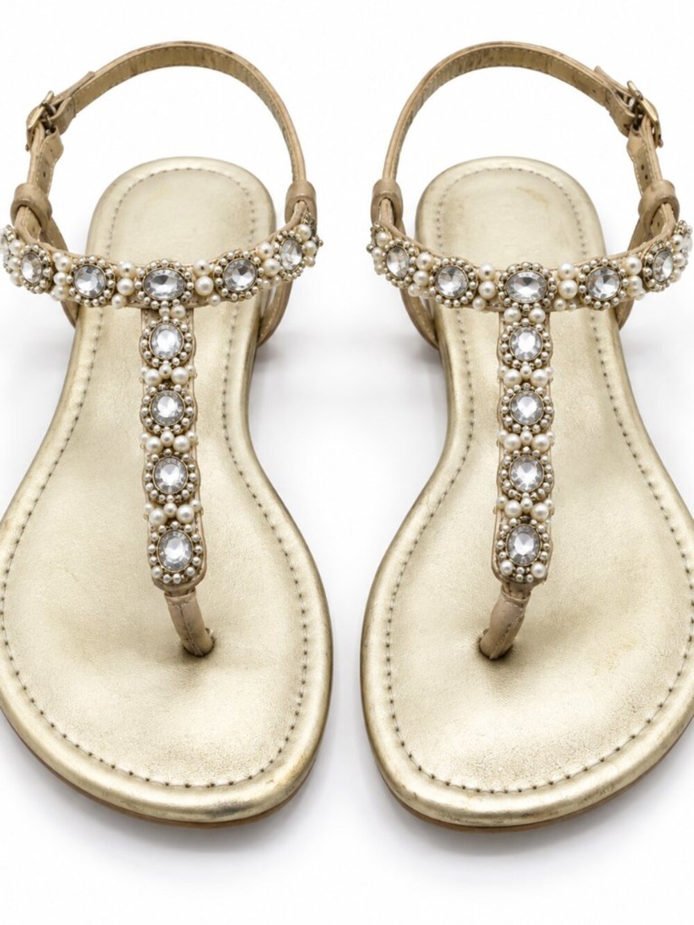 Unisa Gold Rhinestone Faux Pearl T-Strap Flat Sandals Bridal Wedding Size 8
